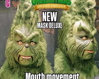 Máscara de látex de Papá Noel Deluxe. ¡Monstruo verde (MOVIMIENTO DE BOCA)! ¡Nuevo diseño! Navidad, Papá Noel, verde, película, cosplay