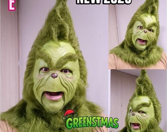 Máscara de látex de GreenMonster para Navidad. Máscara de dos piezas con cuello de piel importada. Máscara verde de monstruo.