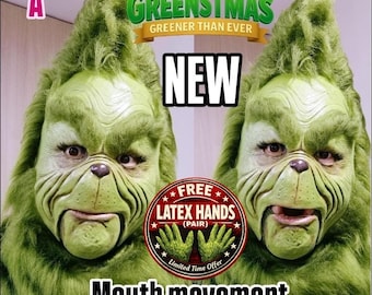 Santa Claus latex mask, green monster (MOUTH MOTION) greenstmas, santa claus, green, christmas, grinnchys, movie, cosplay