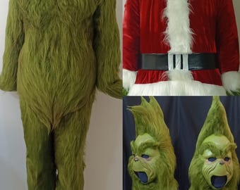 Costume deluxe monster green special(green suite, hands, mask ,shoe covers and red coat)