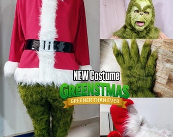 Green- monster greenstmas costume (includes latex mask without mouth, hands, fur pants, red sweater, red shoe covers) #green #