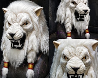 Battle Realistic White Lion Warrior Mask Latex Mythic Beast Full Head Faux Fur Cosplay Helmet, Gladiator Cat Monster Mask Costume, Halloween