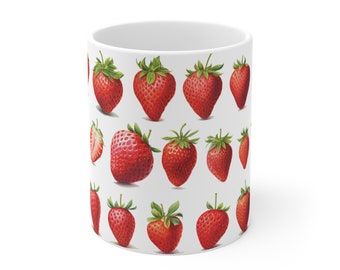 May include: White ceramic mug with a repeating pattern of red strawberries on a white background.