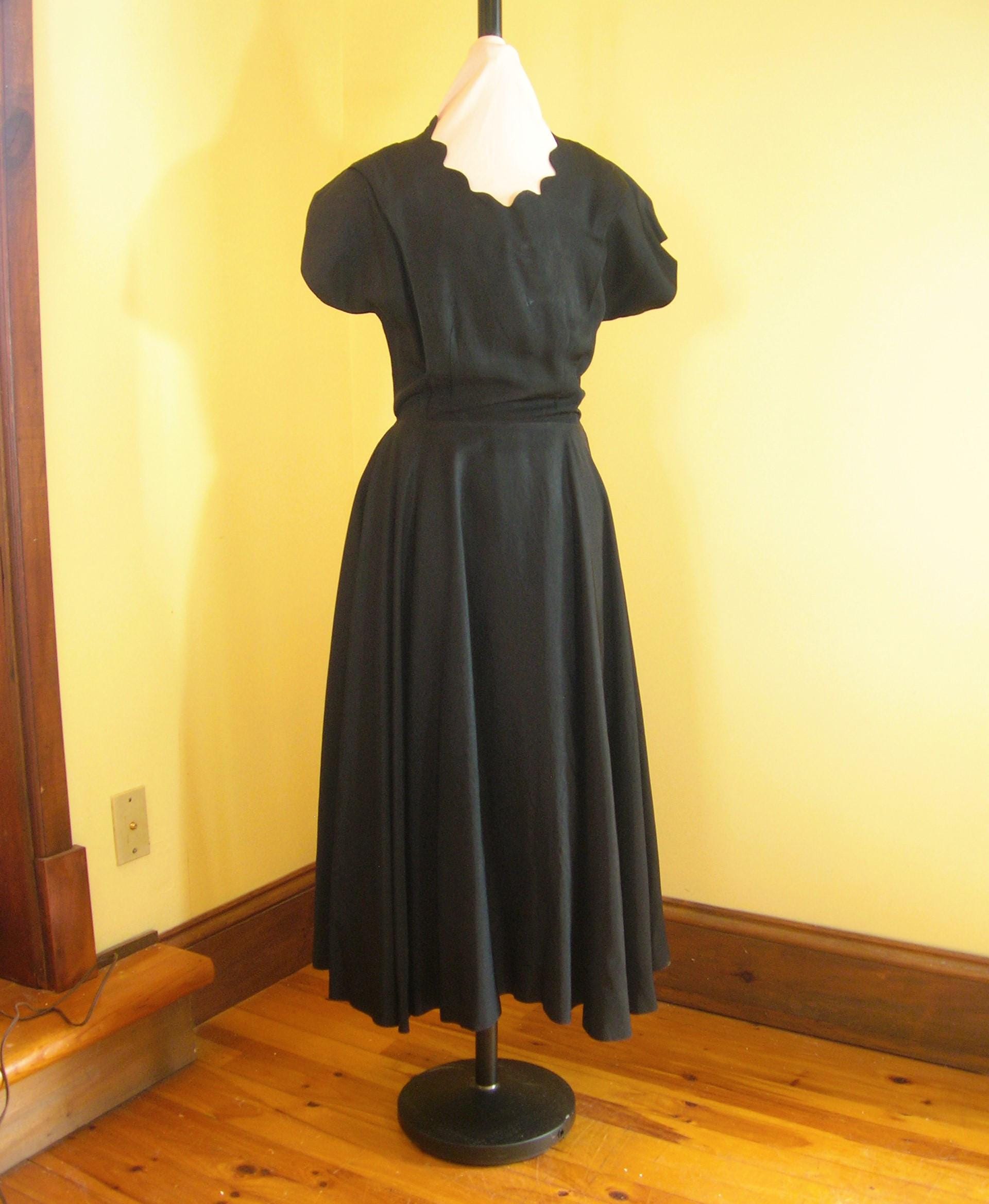 black summer dress mini Cap Sleeve Vintage 50s Polka Dot Swing Dress with Black Asymmetrical Waist  Panel