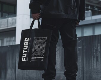 Baumwoll Canvas Techwear Einkaufstasche, Cyberpunk Japanisch Streetwear