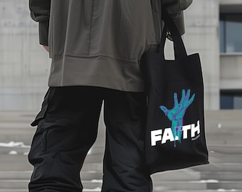 Futuristische graphische schwarze Baumwollsegeltuch-Einkaufstasche, Techwear Darkwear
