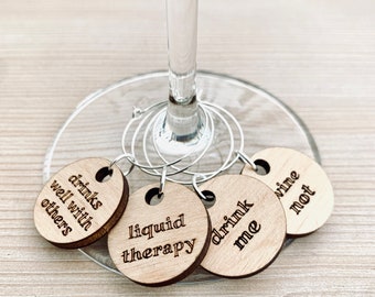 Wine Not Drink Me Liquid Therapy Drinks Well With Others Wood Engraved Wine Charms© by Aurora North Home™, Hostess Gift, Stocking Stuffer