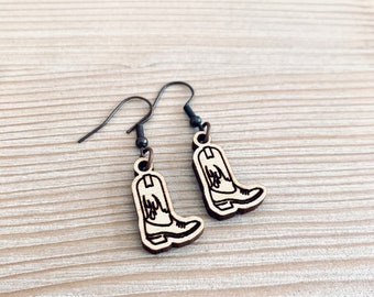 Cowboy Boots Engraved Wood Earrings© by Aurora North Home™, WeFest Earrings, Country Music Earrings, Nashville Earrings, Cowgirl Earrings
