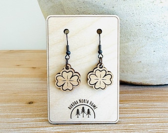 Shamrock Engraved Wood Earrings© by Aurora North Home™, St Patrick's Day Earrings, Four Leaf Clover Earrings, Lucky Earrings, Lucky Jewelry