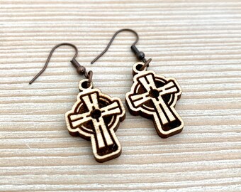 Celtic Cross Wood Earrings© by Aurora North Home™, Religious Jewelry, Religious Earrings