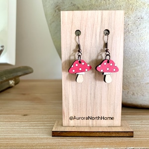Mushroom Hand-Painted Wood Earrings© by Aurora North Home, Gardener Gift, Plant Lady Gift, Mushroom Lover Earrings