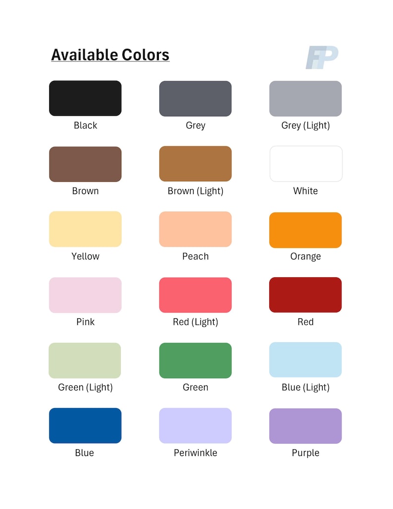 May include: A color chart titled "Available Colors" displays a variety of color swatches. Colors include black, grey, brown, yellow, pink, green, blue, and their lighter shades, plus white, peach, orange, red, periwinkle, and purple.