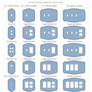 May include: A diagram of light blue electrical switch plates in various configurations. The plates range from 3.1" (78mm) to 9.2" (234mm) wide and include options for data ports, toggles, rockers, and outlets. The text "Shapes and Sizes" is at the top.