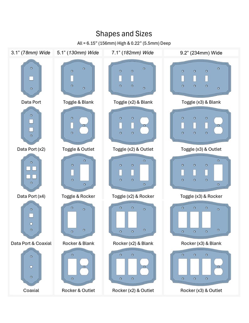 May include: A diagram of light blue electrical switch plates in various configurations. The plates range from 3.1" (78mm) to 9.2" (234mm) wide and include options for data ports, toggles, rockers, and outlets. The text "Shapes and Sizes" is at the top.