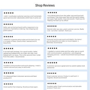 May include: A screenshot of customer reviews for a shop, featuring multiple five-star ratings and positive comments about customer service, product quality, and shipping speed. The reviews are displayed in a grid format.