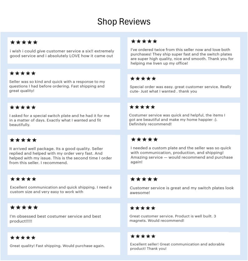 May include: A screenshot of customer reviews for a shop, featuring multiple five-star ratings and positive comments about customer service, product quality, and shipping speed. The reviews are displayed in a grid format.