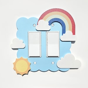 Pastel Blue Cute Rainbow Sun Cloud Light Switch Cover Double Rocker Replacement Switch Cover Plate Baby Shower Gift Wall Art Home Decor