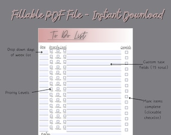 Fillable To-Do List PDF: Daily & Weekly Task Organizer (Digital Download)