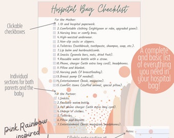 Pink Rainbow Hospital Bag Checklist: Fillable, Clickable PDF (Instant Download)