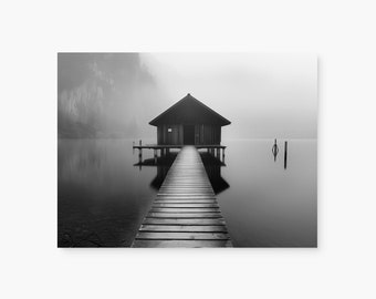 Zen Cabin On The River | Fine Art Zen Life Photo | Black White Photo Posters | Minimalist Life Style Photo | AI Photo Art | Instant Download