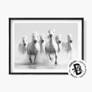 Black and white photo of white horses running through water. Printable artwork for modern, rustic, or equestrian-themed interiors. Download.