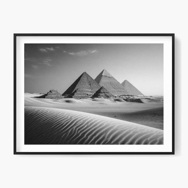 Photo des pyramides de Gizeh : monument égyptien, impression noir et blanc (téléchargement numérique)
