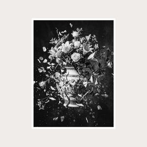 May include: A black and white photographic print depicting a decorative ceramic vase shattering into fragments. A large bouquet of various flowers is positioned within the vase, with petals and shards of ceramic suspended in the air around it.