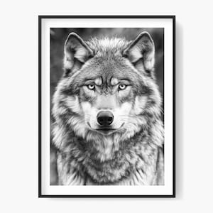 Black and White Wolf Portrait: Intense Gaze Photo Art (Digital Download)