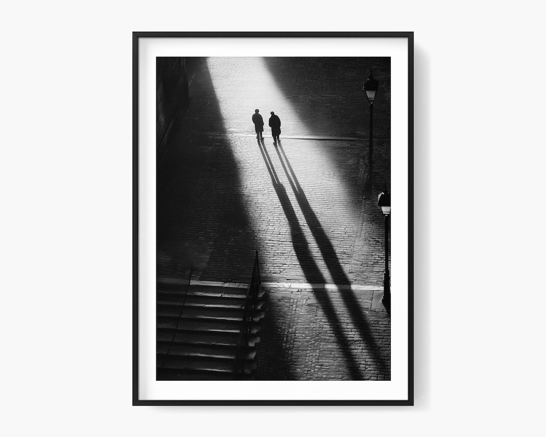 Monochrome Street Photography Print: Figures and Long Shadows