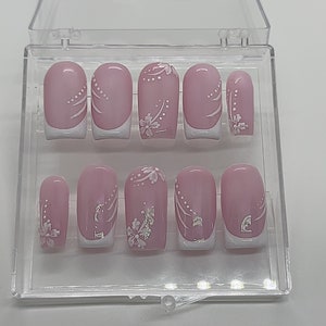 hibiscus flower french tip pink and white press on nails/ nail design/ press on nails/ gel nails/ present/gift/ pretty nails/ holiday nails