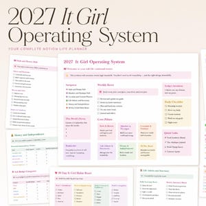May include: A digital Notion template titled 2027 It Girl Operating System, featuring a life planner dashboard with sections for weekly reviews, core pillars, daily checklists, and various trackers in a soft pastel color palette with text.