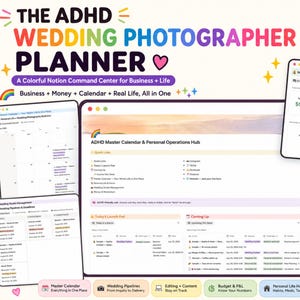 Bruiloftsplanner voor mensen met ADHD | Notion-sjabloon | Kleurrijk business- en life-commandocentrum voor neurodivergente fotografen