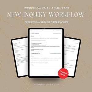 Puede incluir: Plantillas de correo electrónico de flujo de trabajo para fotógrafos de bodas editoriales mostradas en tres pantallas de tableta. El texto incluye encabezados como New Inquiry Workflow, Post Consultation y Proposal Follow Up, con una etiqueta roja.