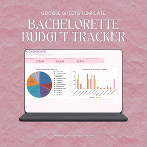 Peut inclure: Un modèle Google Sheets numérique pour un suivi de budget d'enterrement de vie de jeune fille affiché sur un écran d'ordinateur portable. L'interface présente un tableau de bord avec des résumés financiers, un graphique circulaire et un histogramme.