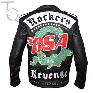 May include: Black leather jacket with "Rockers BSA Revenge" patches. The jacket features a white patch with black lettering, a red and white BSA logo, and a green and gold design. The jacket has a zipper closure and metal studs.