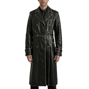 Men&#39;s Real Leather Long Trench Coat – Double-Breasted Full-Length Coat