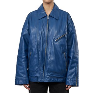 Bold Blue Oversized Leather Jacket for Women – Trendy & Street Style