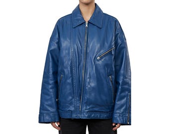 Bold Blue Oversized Leather Jacket for Women – Trendy & Street Style
