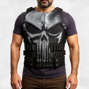 Punisher Skull Tactical Vest Cosplay Leather Body Armor Costume | Men’s Black Combat Vest