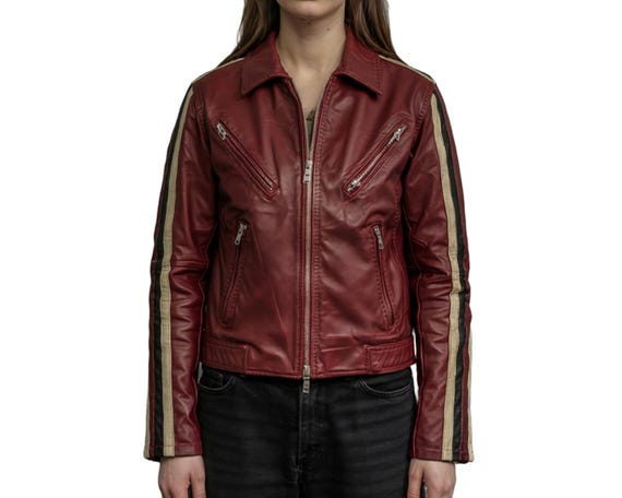 Kastanienbraune gestreifte Echtlederjacke für Frauen