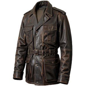 Veste homme en cuir marron avec ceinture – Vêtements d'extérieur de style militaire vintage