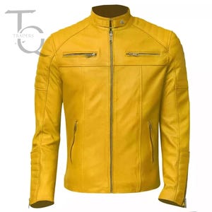 Handmade Men’s Cafe Racer Motorcycle Biker Yellow Real Leather Jacket