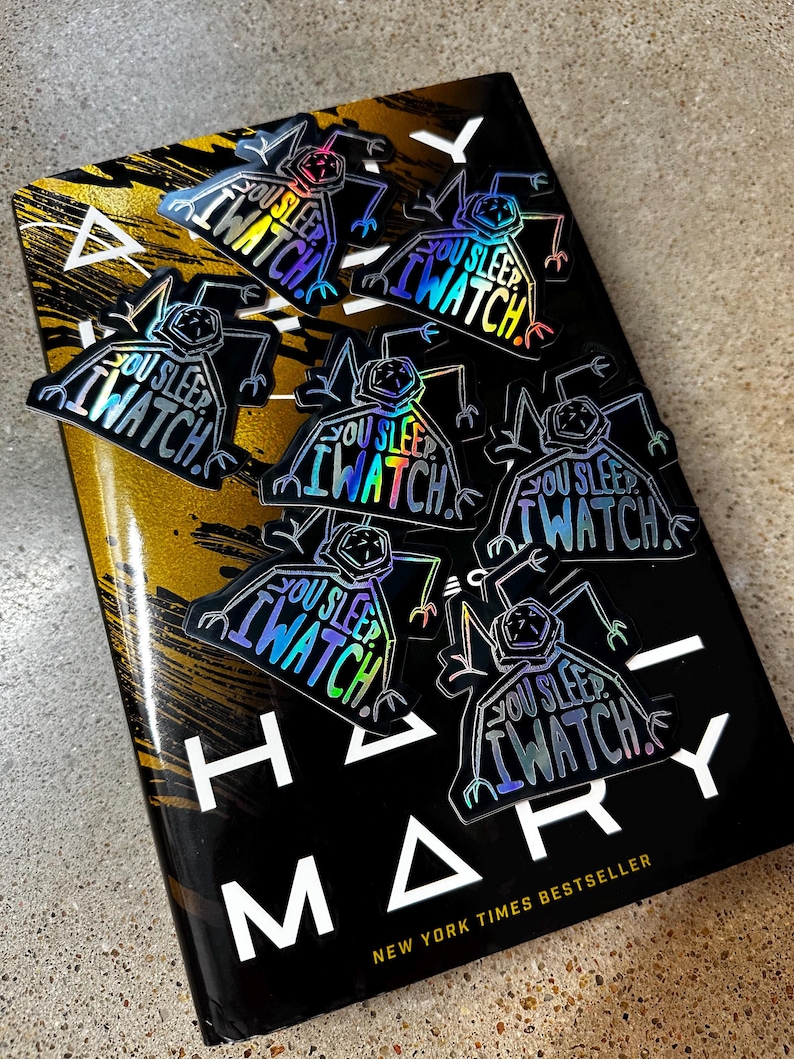May include: A set of six iridescent holographic stickers featuring a cartoon figure with the text "You Sleep, I Watch."
