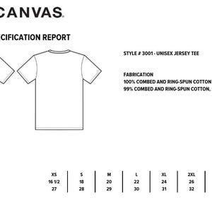 May include: A size chart for a unisex jersey tee, showing measurements in inches for chest and body length from the high point of shoulder (HPS) in sizes XS, S, M, L, XL, 2XL, 3XL, 4XL, and 5XL. The fabric is 100% combed and ring-spun cotton or 99% combed and ring-spun cotton, 1% polyester.