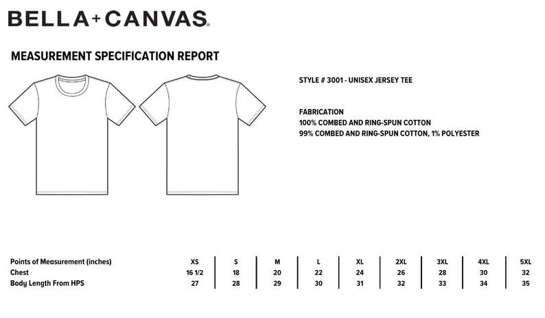 May include: A size chart for a unisex jersey tee, showing measurements in inches for chest and body length from the high point of shoulder (HPS) in sizes XS, S, M, L, XL, 2XL, 3XL, 4XL, and 5XL. The fabric is 100% combed and ring-spun cotton or 99% combed and ring-spun cotton, 1% polyester.