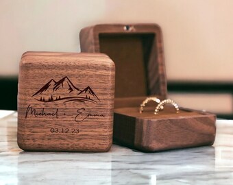 Scatola quadrata per anelli doppi - Scatola porta anelli in legno inciso per cerimonia di matrimonio, proposta di scatola per anelli di fidanzamento regalo per lei, 2 scomparti per anelli