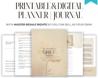 Könnte beinhalten: Ein druckbares und digitales Planungs- und Tagebuch mit einem floralen Design und dem Titel "Overcoming Grief Journal". Das Tagebuch soll Menschen helfen, mit Trauer und Verlust umzugehen. Es enthält Bibelverse, Tagebuch-Aufforderungen und andere Ressourcen.