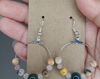 Rose quartz, earth agate, and moss agate hoop earrings