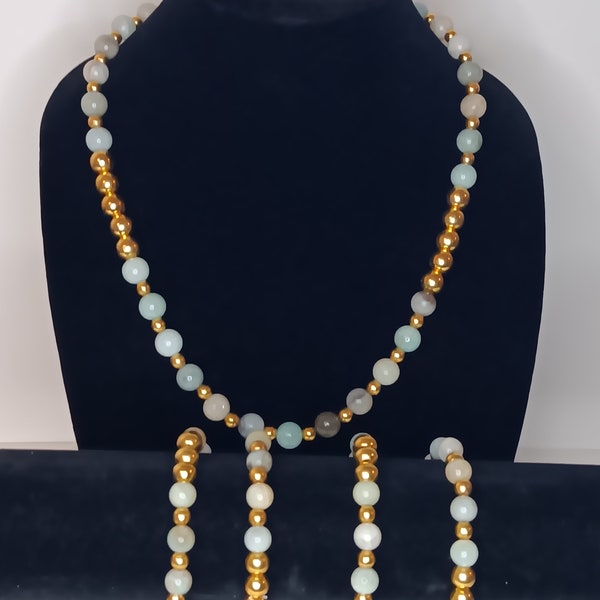 Amazonite and gold tone bead necklace and bracelets jewelry set
