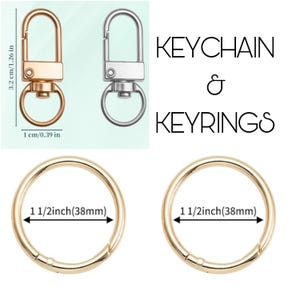 Puede incluir: Imagen de llaveros y anillos para llaves. Se muestra un llavero dorado (3,2 cm x 1 cm) y un llavero plateado. Tambi&eacute;n se muestran dos anillos dorados para llaves, cada uno con un di&aacute;metro de 38 mm.